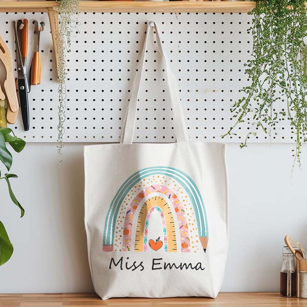 Personalized Teacher Tote Bag Boho Rainbow Tote Bag Gift For Teacher -