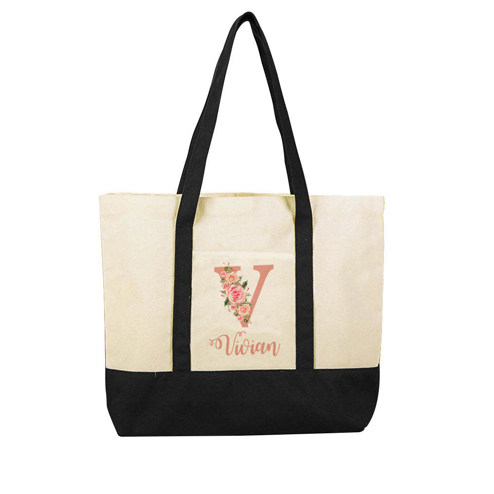 Custom Name Canvas Tote Bag Personalized Flower Beach Bag Gift for Women -