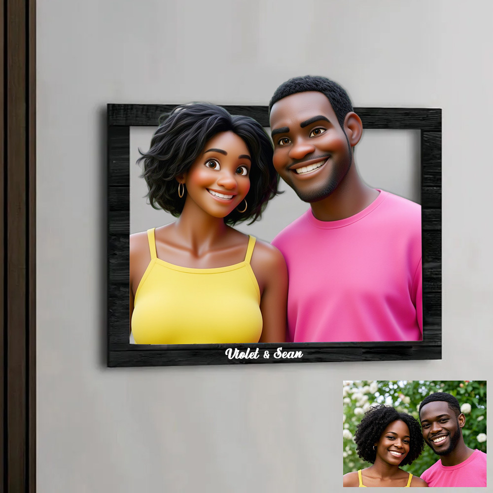 Custom Couple Photo 3D Cartoon Portrait Gift Photo Frame, Cartoon Style 3D Photo Wooden Frame Sign, Wedding Anniversary Christmas Couple Gift
