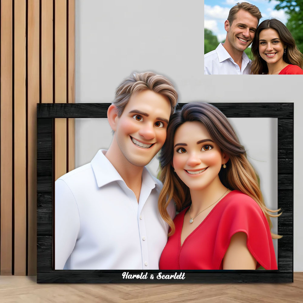 Custom Couple Photo 3D Cartoon Portrait Gift Photo Frame, Cartoon Style 3D Photo Wooden Frame Sign, Wedding Anniversary Christmas Couple Gift