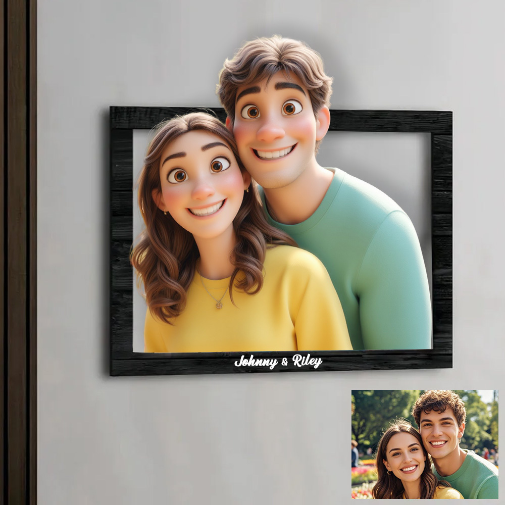 Custom Couple Photo 3D Cartoon Portrait Gift Photo Frame, Cartoon Style 3D Photo Wooden Frame Sign, Wedding Anniversary Christmas Couple Gift