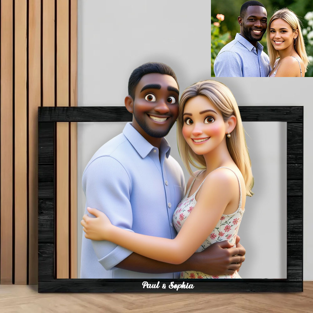 Custom Couple Photo 3D Cartoon Portrait Gift Photo Frame, Cartoon Style 3D Photo Wooden Frame Sign, Wedding Anniversary Christmas Couple Gift