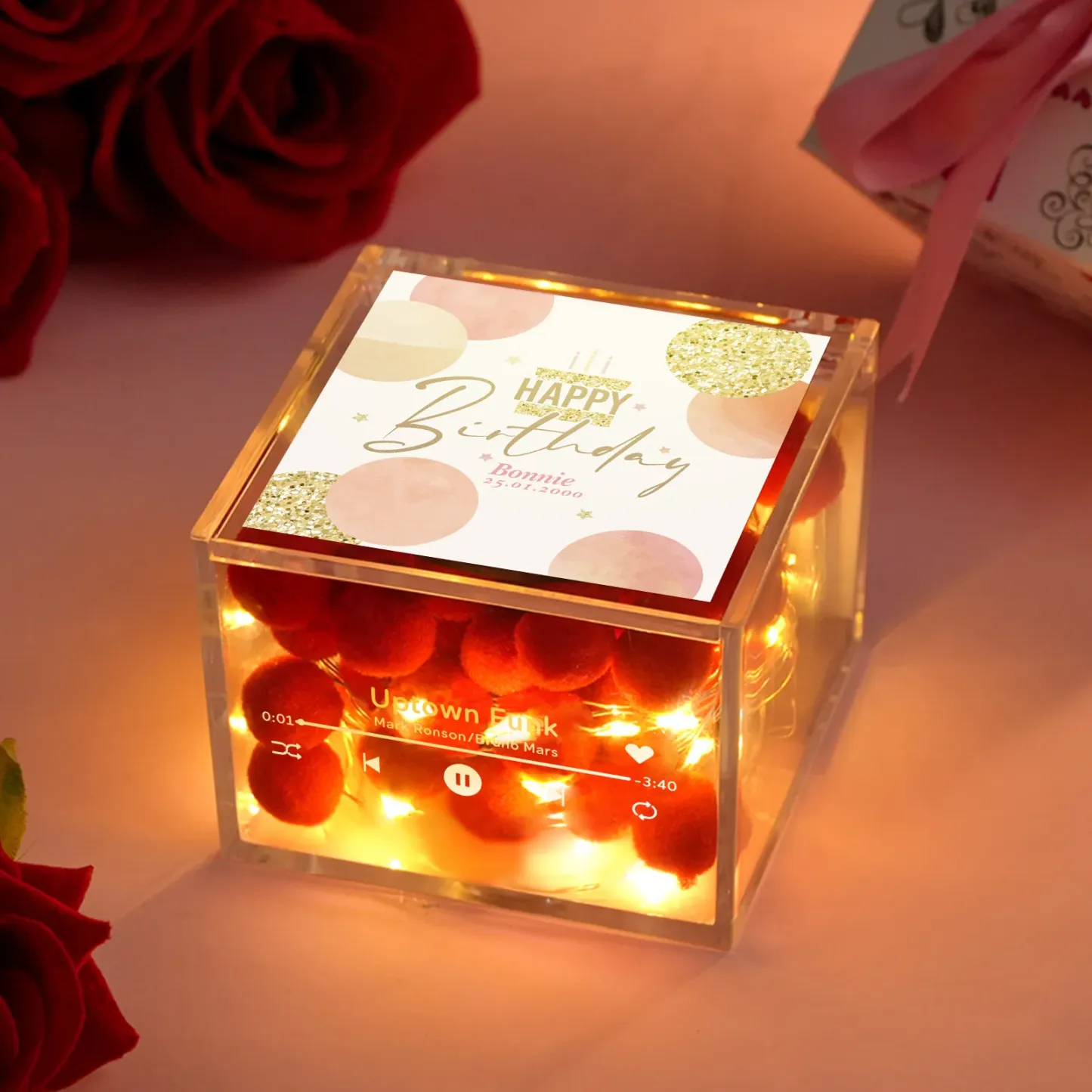 Mini Music Record Auto-Music Player Custom Photo with Light Personalized Music Acrylic Box - 