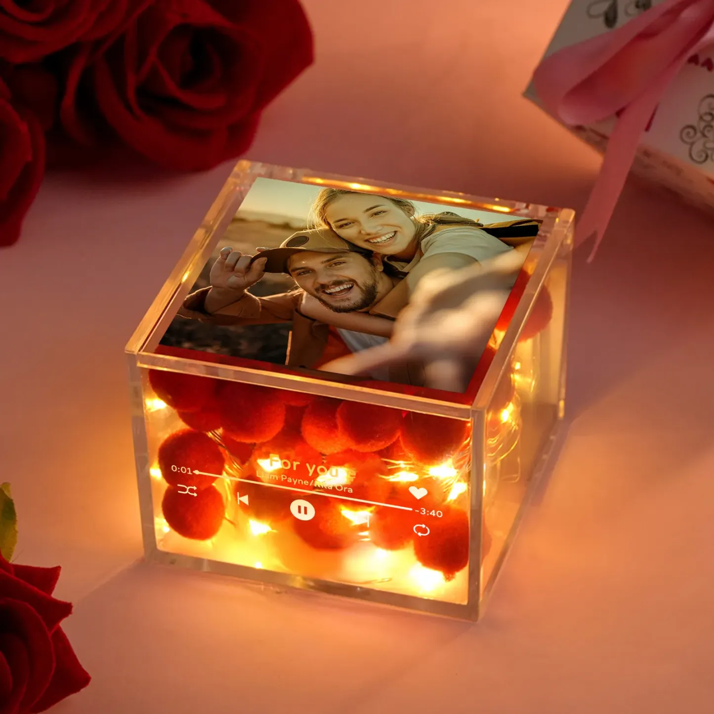 Mini Music Record Auto-Music Player Custom Photo with Light Personalized Music Acrylic Box - 