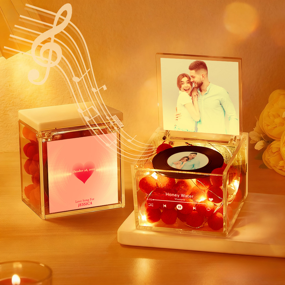 Premium Mini Music Record Auto-Music Player Custom Photo with Light Personalized Music Acrylic Box - 