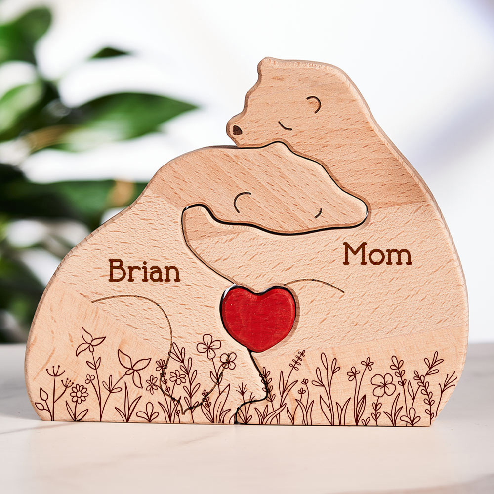Father's Day Gifts Hugging Bear Family Floral Version - Personalised Wooden Bear Family Puzzle