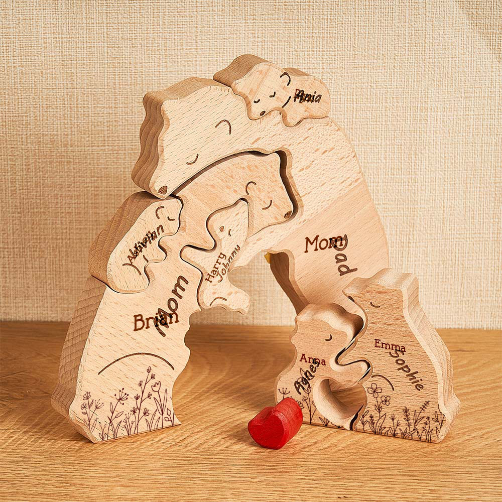 Father's Day Gifts Hugging Bear Family Floral Version - Personalised Wooden Bear Family Puzzle