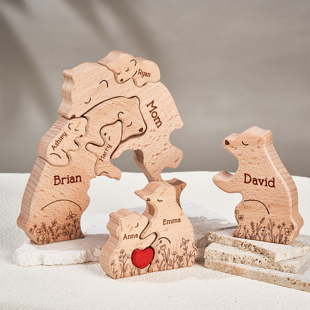 Father's Day Gifts Hugging Bear Family Floral Version - Personalised Wooden Bear Family Puzzle