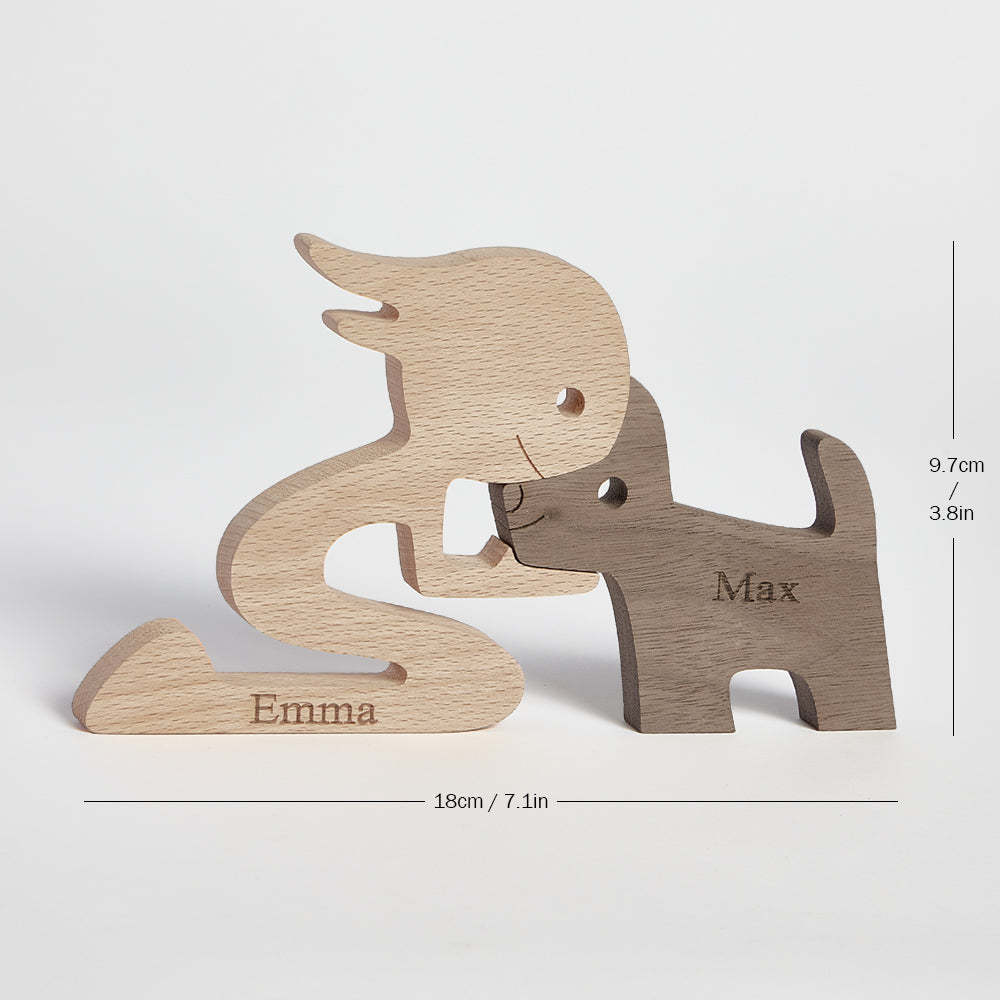 Woman and Dog Wooden Pet Carving Blocks Custom Name Table Decor Gifts for Pet Lovers - NameNecklace