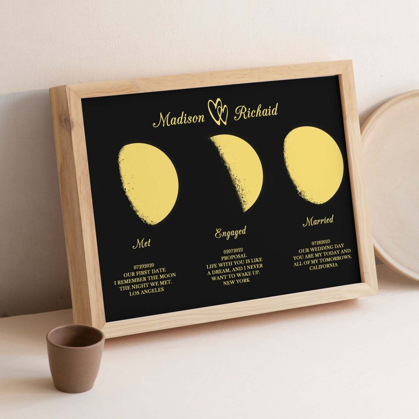 Custom Moon Phase Wooden Frame Three Moon Phase with Personalized Name and Text - Myphotowallet