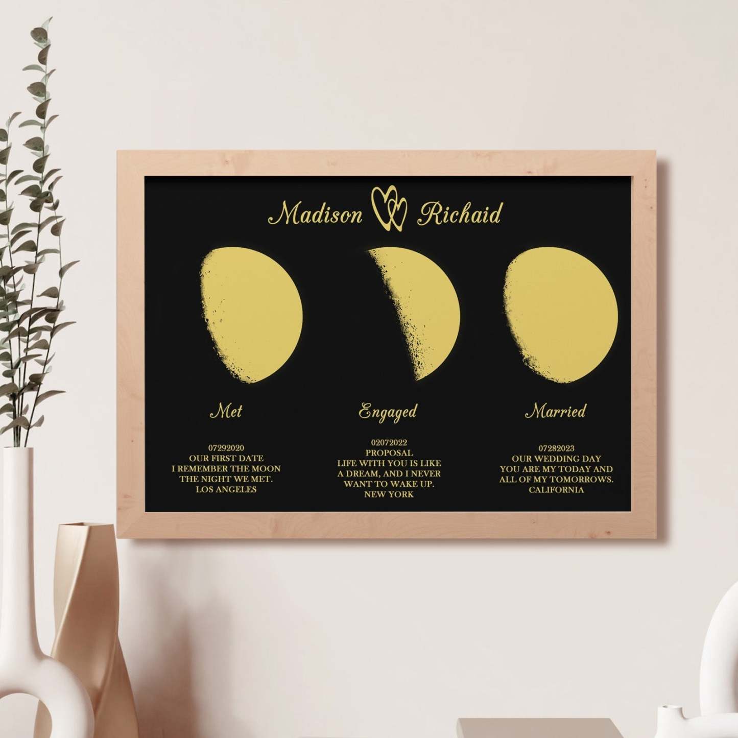 Custom Moon Phase Wooden Frame Three Moon Phase with Personalized Name and Text - Myphotowallet