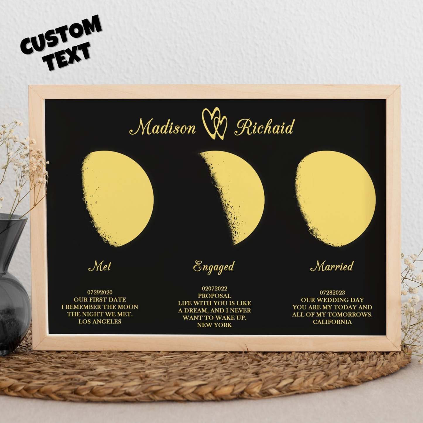 Custom Moon Phase Wooden Frame Three Moon Phase with Personalized Name and Text - Myphotowallet