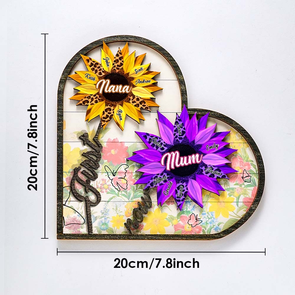 Personalized Names Wooden Plaque Heart Sunflower Gifts for Mom, Grandma Family Home Decor -