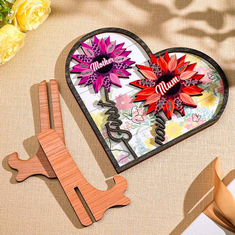 Personalized Names Wooden Plaque Heart Sunflower Gifts for Mom, Grandma Family Home Decor -