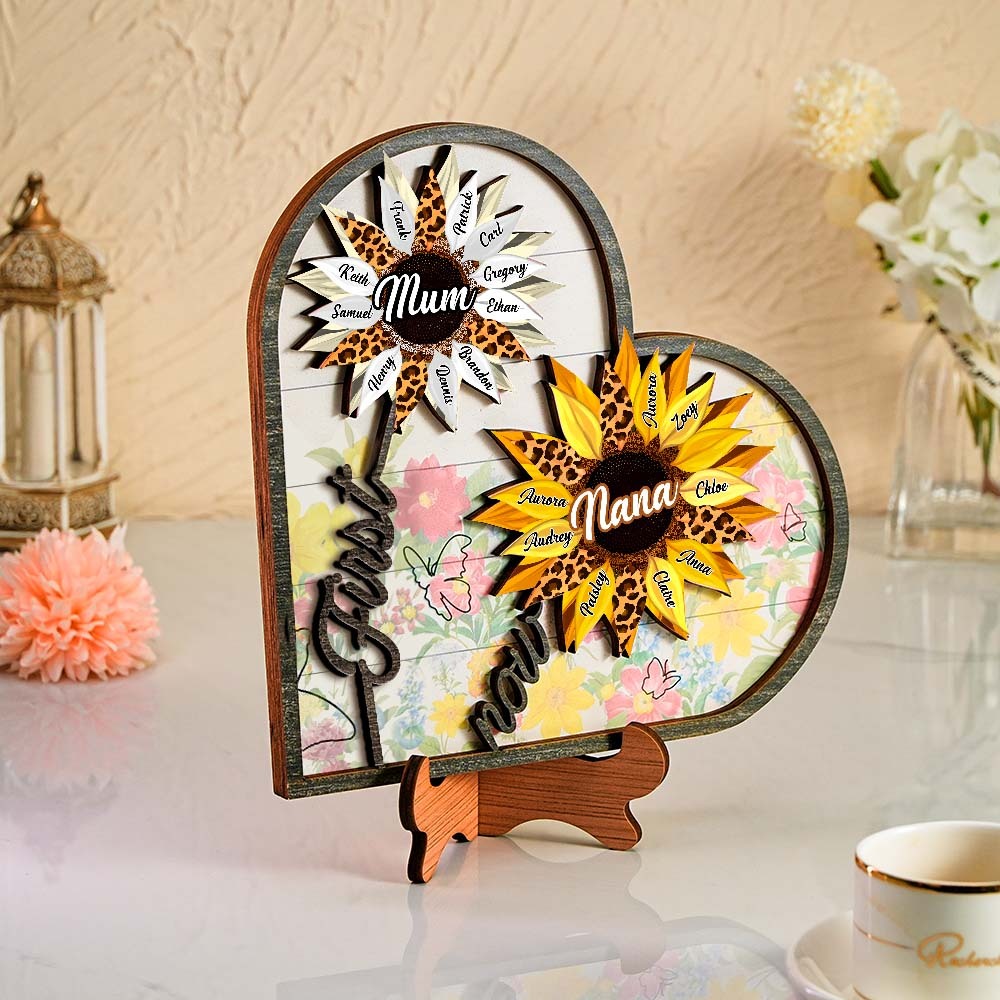 Personalized Names Wooden Plaque Heart Sunflower Gifts for Mom, Grandma Family Home Decor -