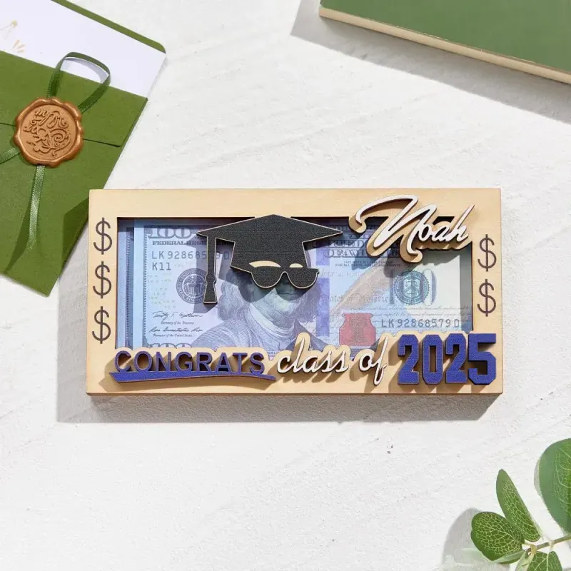 Personalized Name Laser-Cut Graduation Wooden Cash Holder Money Gift for Class of 2025 College Graduates