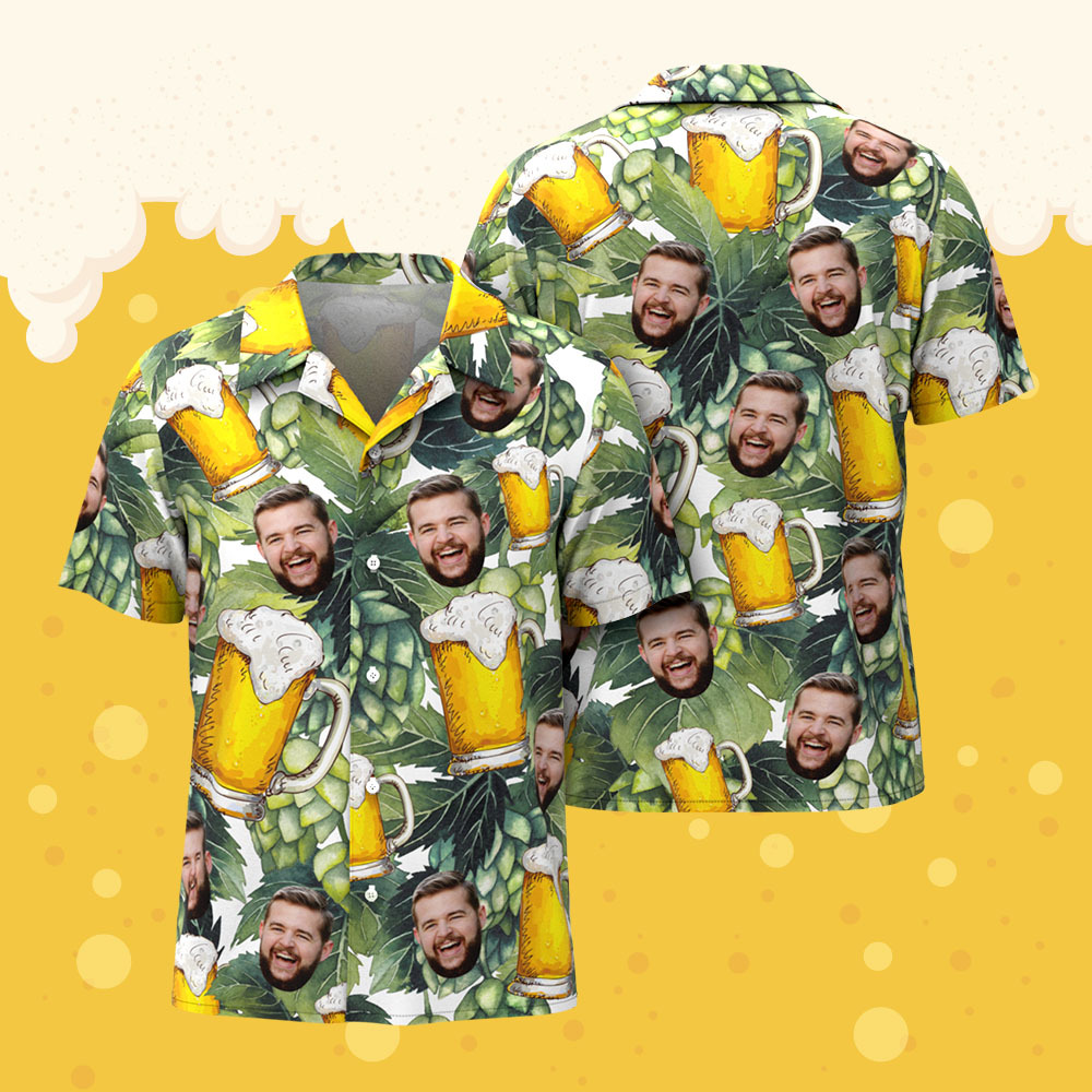 Custom Beer Mug Hawaiian Shirt with Face, Hop & Barley Design Funny Oktoberfest, Summer BBQ, Beer Lover Party Outfit -
