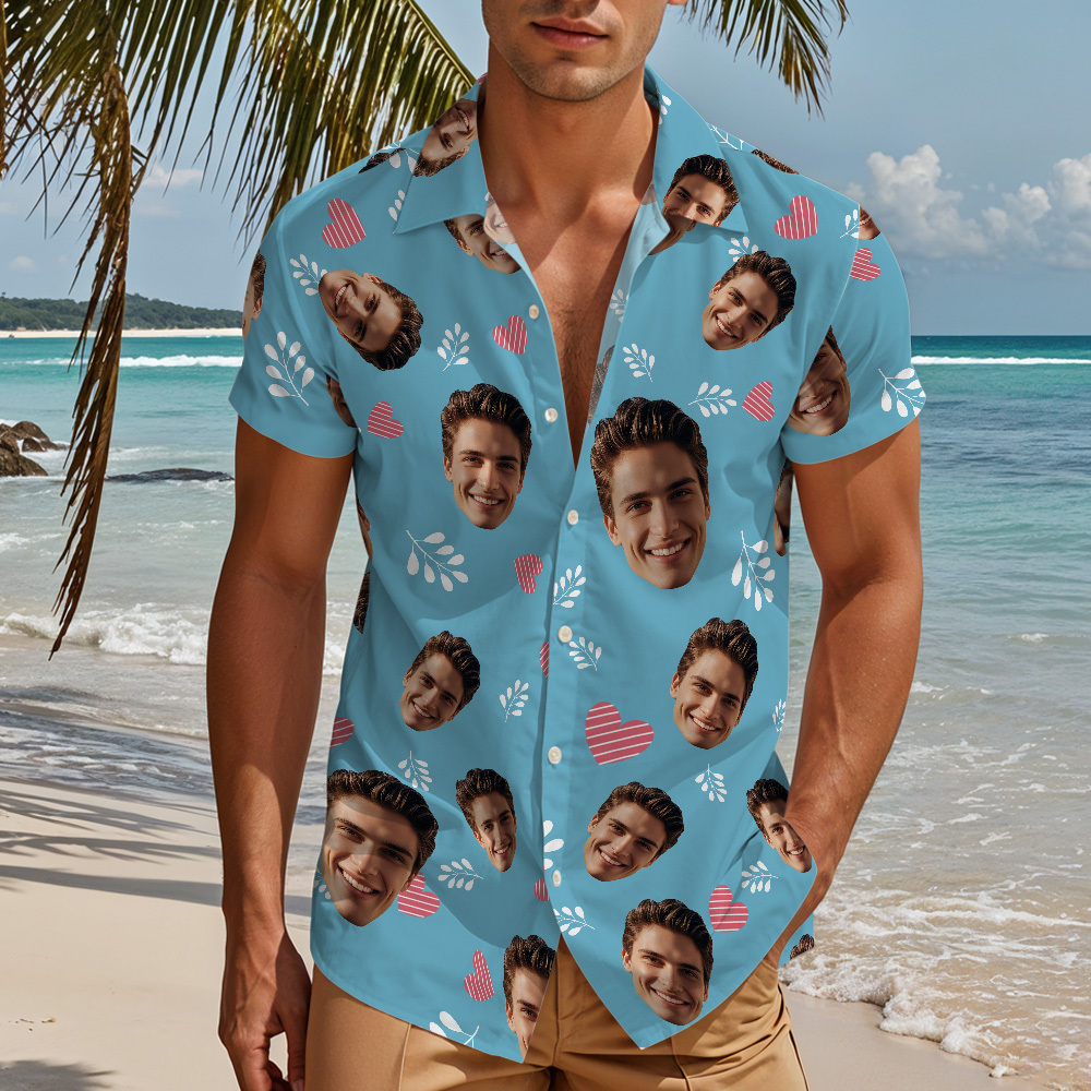 Custom Face "Hearts & Doodles" Sky-Blue Hawaiian Shirt – Fun Personalized Vacation Shirt for Men, Beach Party Wear -