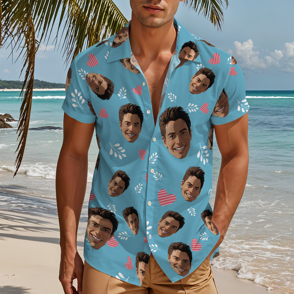 Custom Face "Hearts & Doodles" Sky-Blue Hawaiian Shirt – Fun Personalized Vacation Shirt for Men, Beach Party Wear -