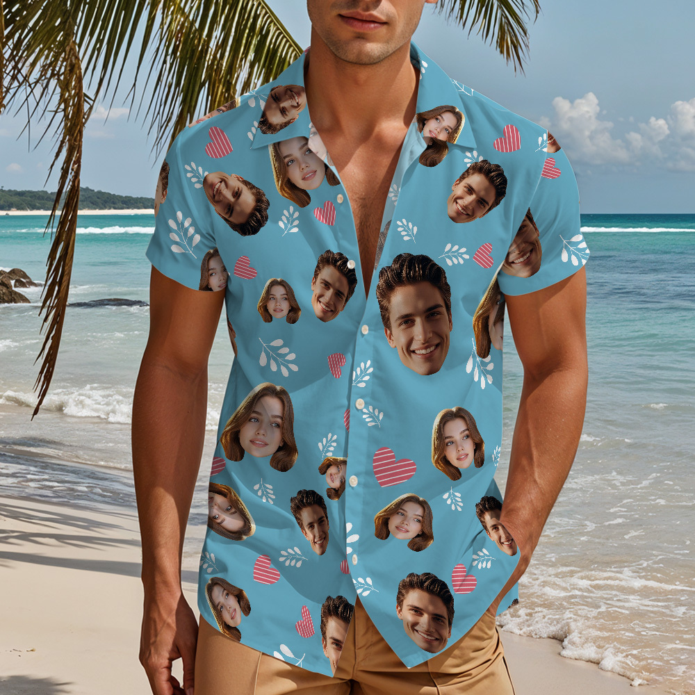 Custom Face "Hearts & Doodles" Sky-Blue Hawaiian Shirt – Fun Personalized Vacation Shirt for Men, Beach Party Wear -