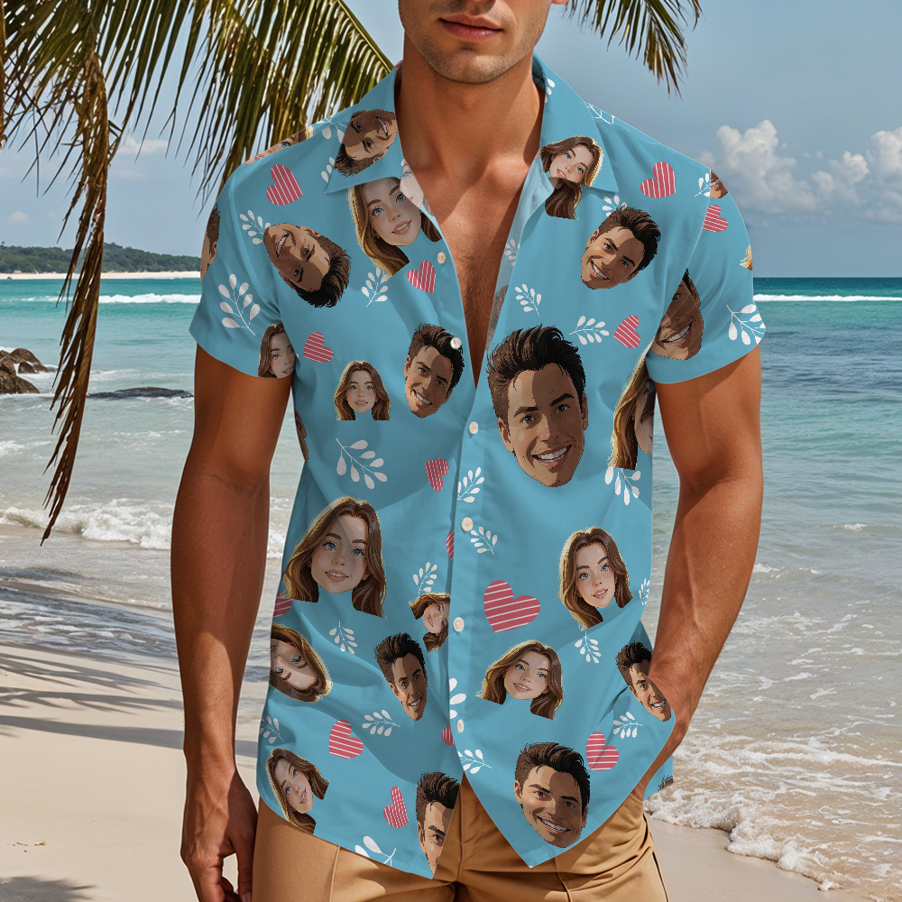 Custom Face "Hearts & Doodles" Sky-Blue Hawaiian Shirt – Fun Personalized Vacation Shirt for Men, Beach Party Wear -