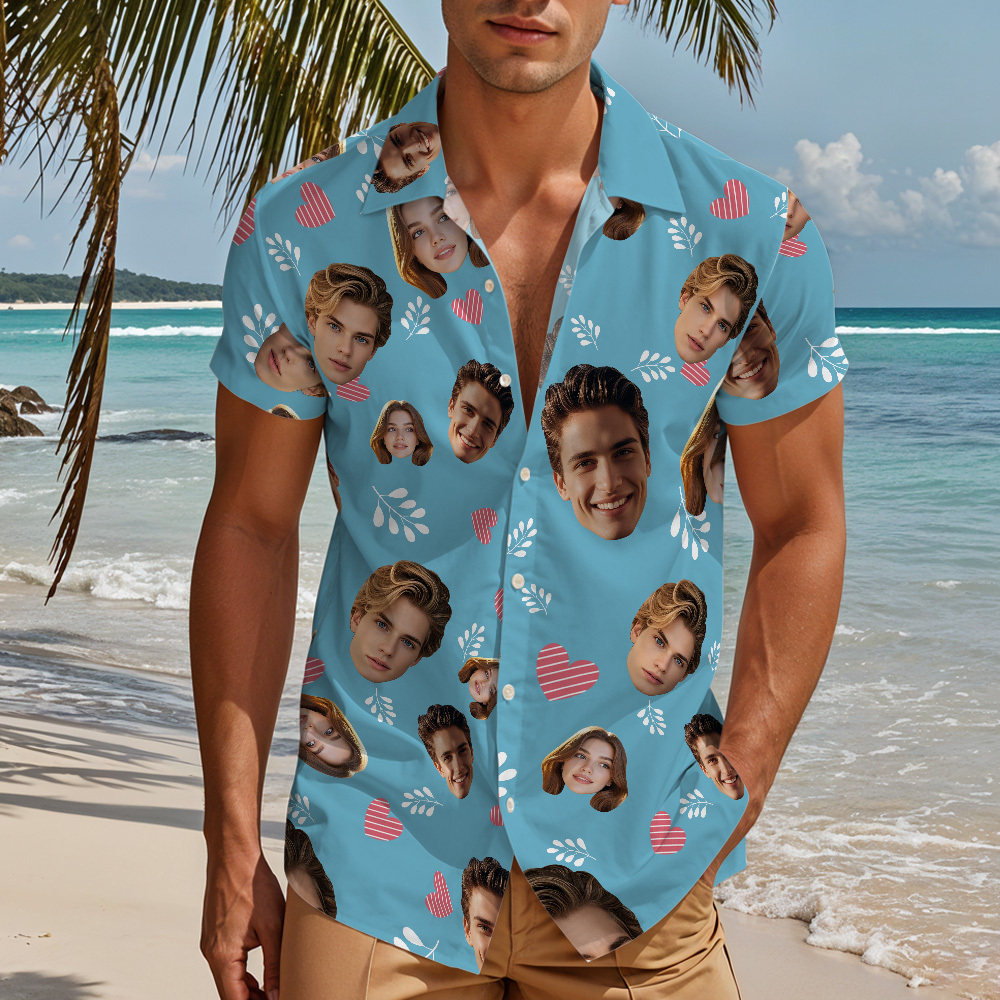 Custom Face "Hearts & Doodles" Sky-Blue Hawaiian Shirt – Fun Personalized Vacation Shirt for Men, Beach Party Wear -