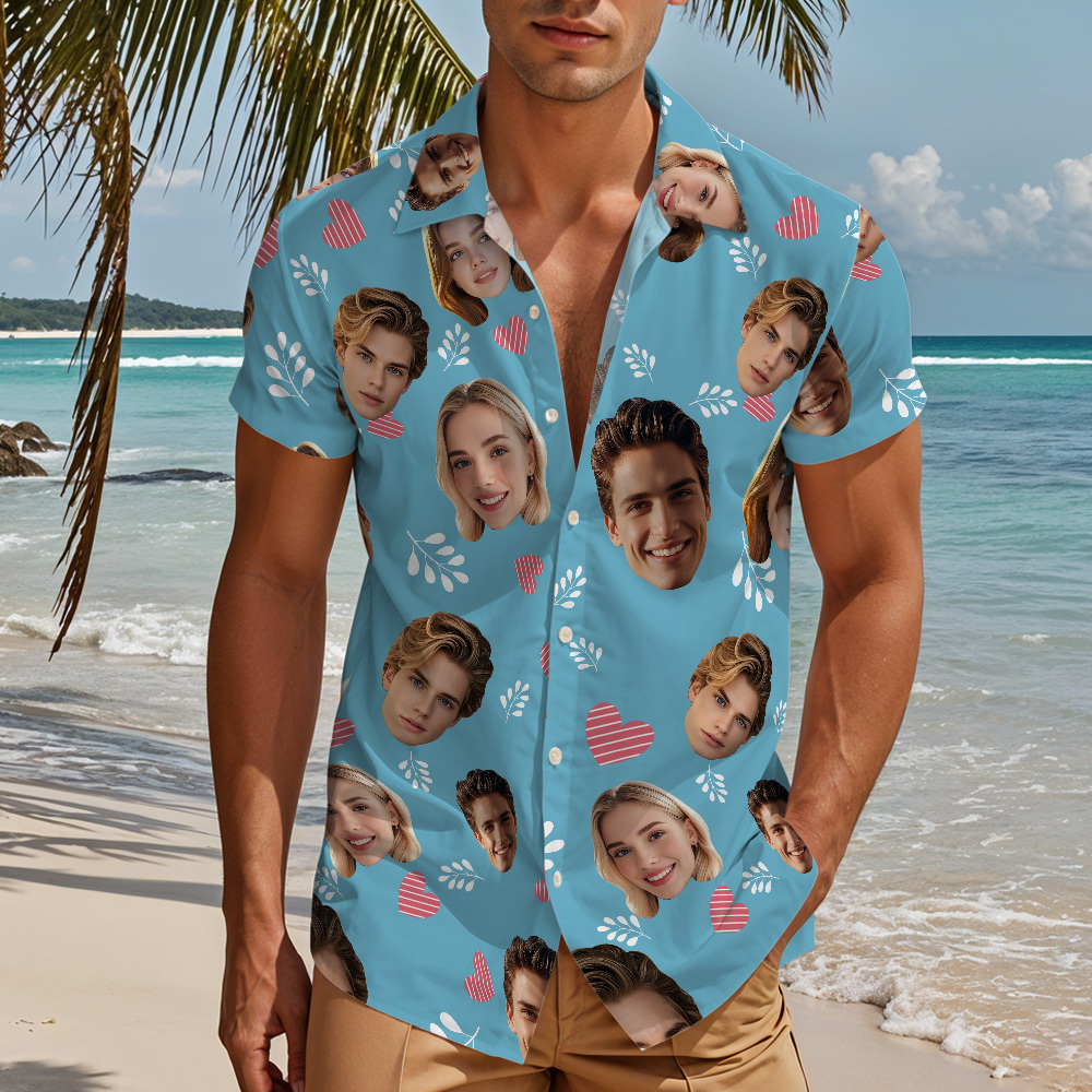 Custom Face "Hearts & Doodles" Sky-Blue Hawaiian Shirt – Fun Personalized Vacation Shirt for Men, Beach Party Wear -