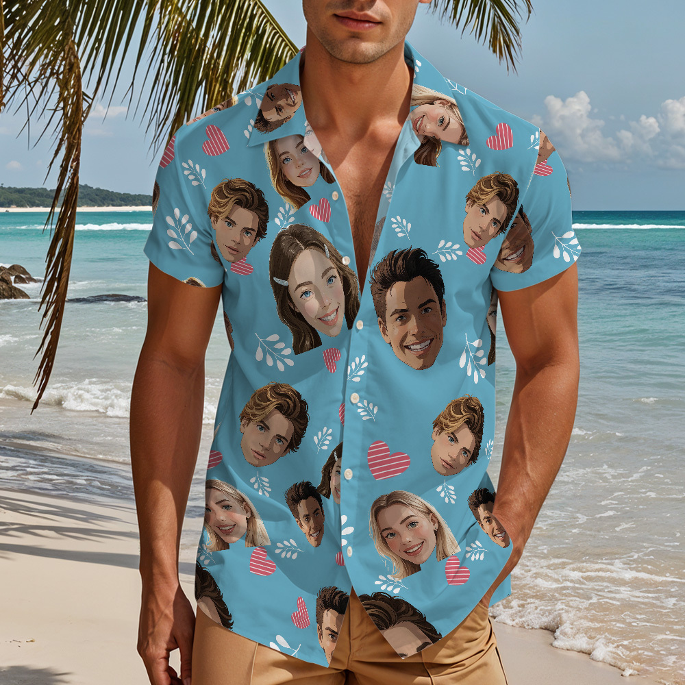 Custom Face "Hearts & Doodles" Sky-Blue Hawaiian Shirt – Fun Personalized Vacation Shirt for Men, Beach Party Wear -