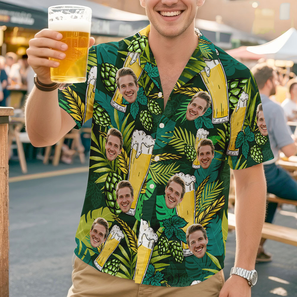 Custom Face Tropical Lager Leaf Hawaiian Shirt Funny Personalized Beer Shirt for Beer Lover, Summer BBQ, Camping -