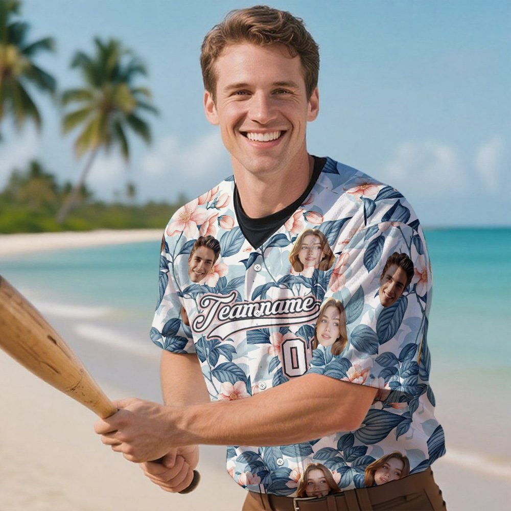 Custom Hawaiian Baseball Jersey with Face Teamname Name Number Personalized Hawaii Floral Shirt for Men Women - 