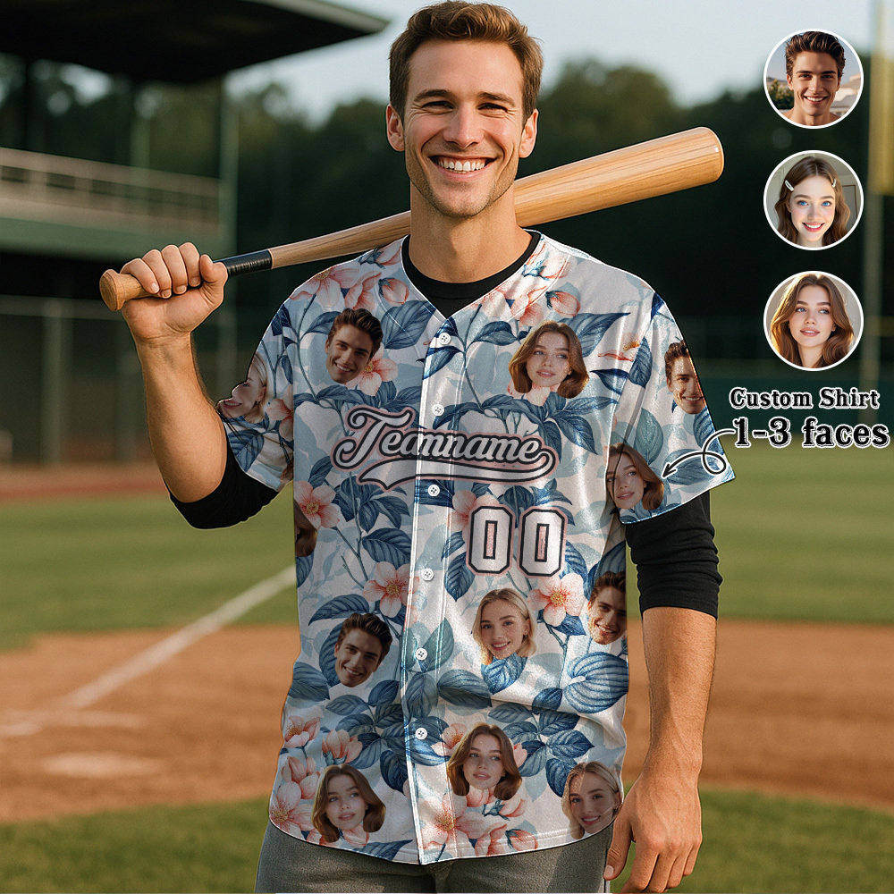 Custom Hawaiian Baseball Jersey with Face Teamname Name Number Personalized Hawaii Floral Shirt for Men Women - 