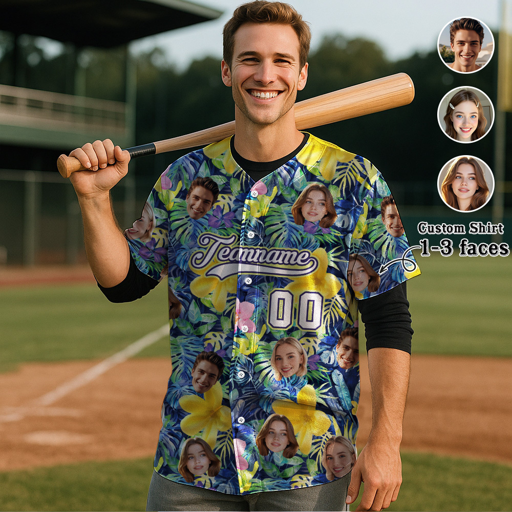 Custom Hawaiian Baseball Jersey with Face Teamname Name Number Personalized Hawaii Floral Shirt for Men Women - 