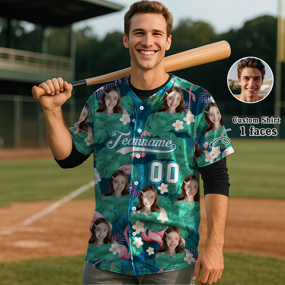 Custom Hawaiian Baseball Jersey with Face Teamname Name Number Personalized Hawaii Floral Shirt for Men Women - 