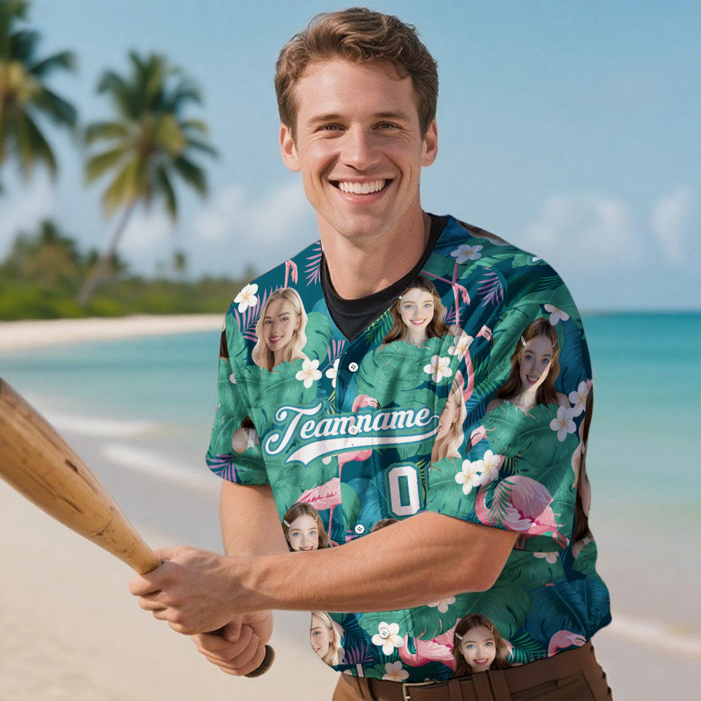 Custom Hawaiian Baseball Jersey with Face Teamname Name Number Personalized Hawaii Floral Shirt for Men Women - 