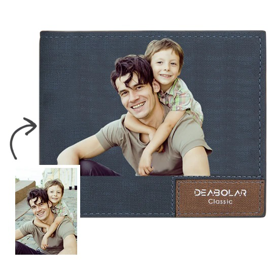 Men's Bifold Short Custom Photo Wallet Blue Color Printing - 