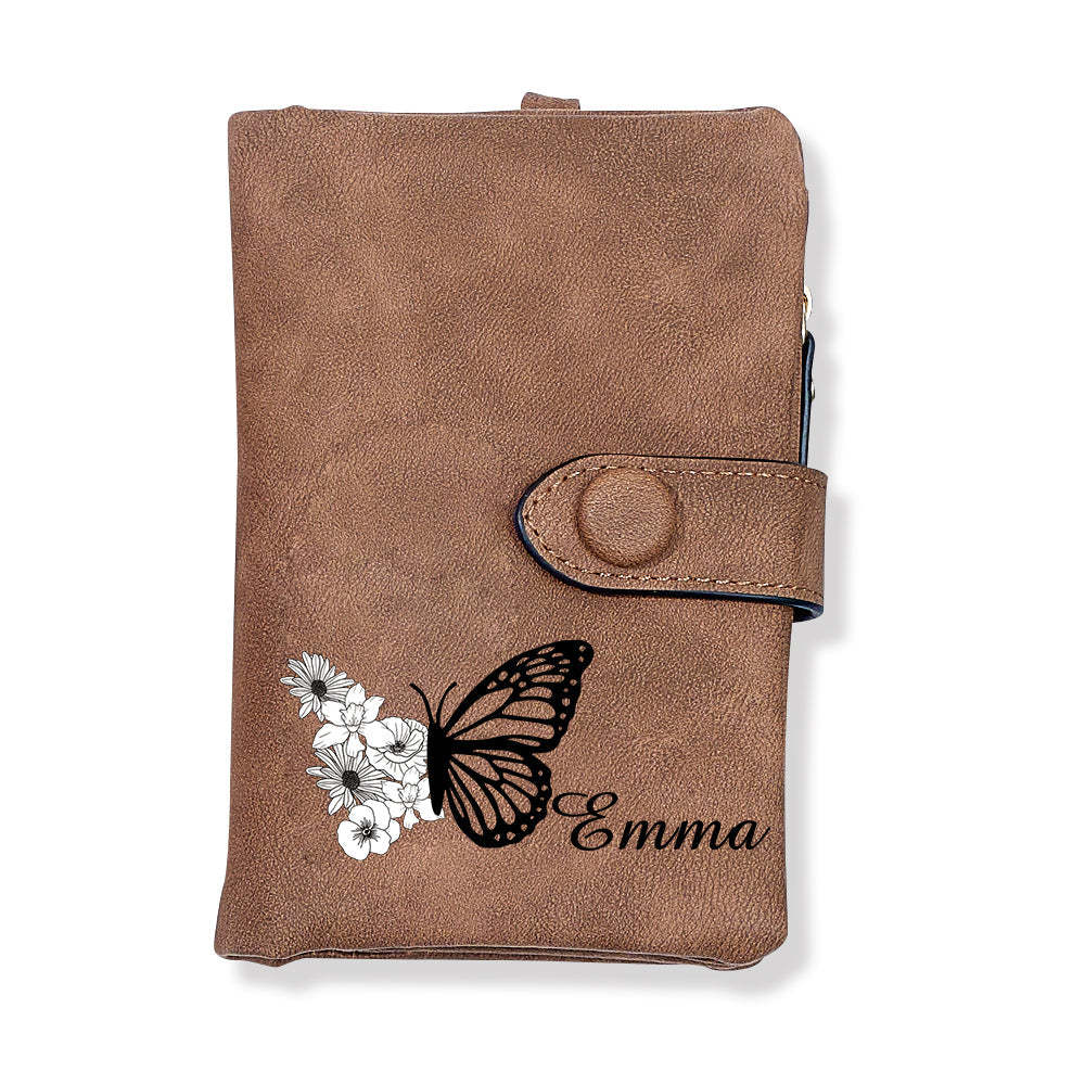 Custom Tri-Fold Butterfly Birth Flower Leather Wallet with Coin Holder Personalized Mother's Day Gift for Woman - myphotowalletuk