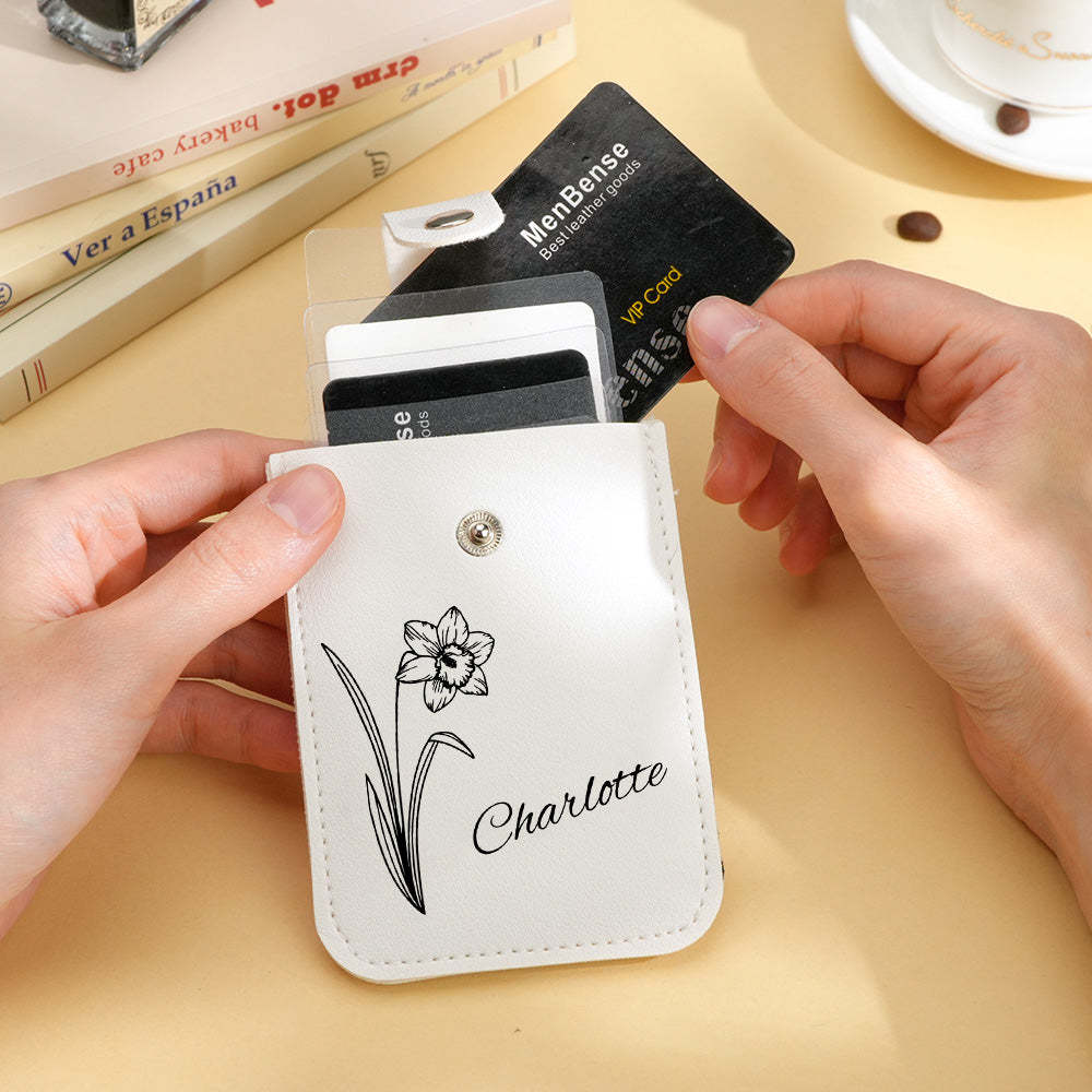 Personalized Birth Flower Wallet with Name Mini Pull-out Card Holder Wallet Gift for Her -