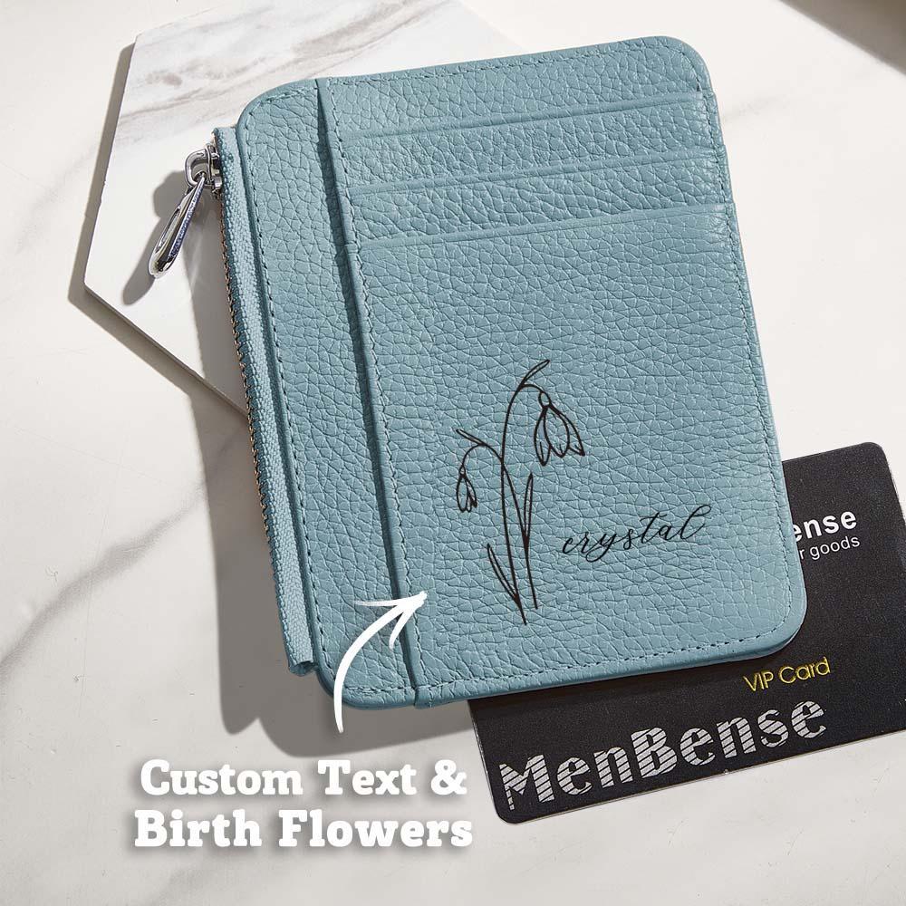 Personalized Birth Flower Leather Wallet with Name 8 Card Slots Wallet Birthday Gift for Her -
