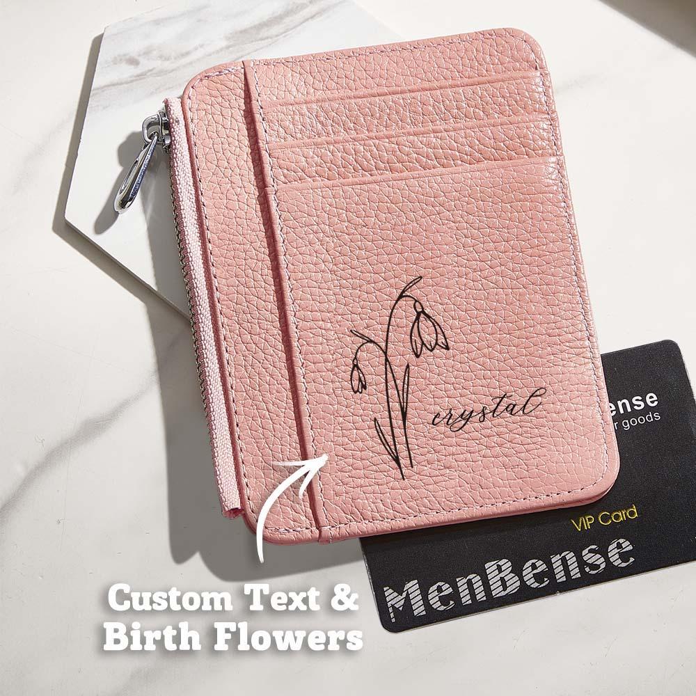 Personalized Birth Flower Leather Wallet with Name 8 Card Slots Wallet Birthday Gift for Her -