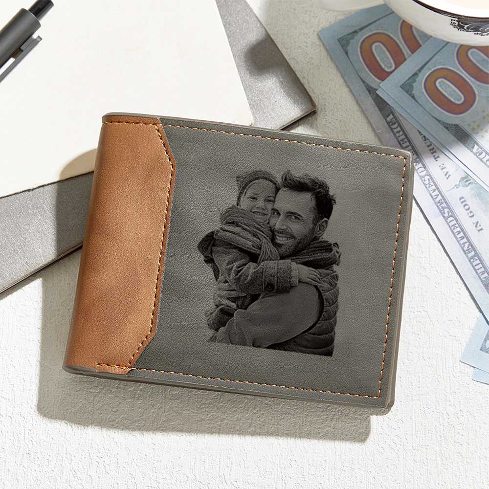 Father's Day Gifts Custom Photo Engraved Name Leather Wallet Personalized Etched Picture Initial Wallet Unique Gift for Him