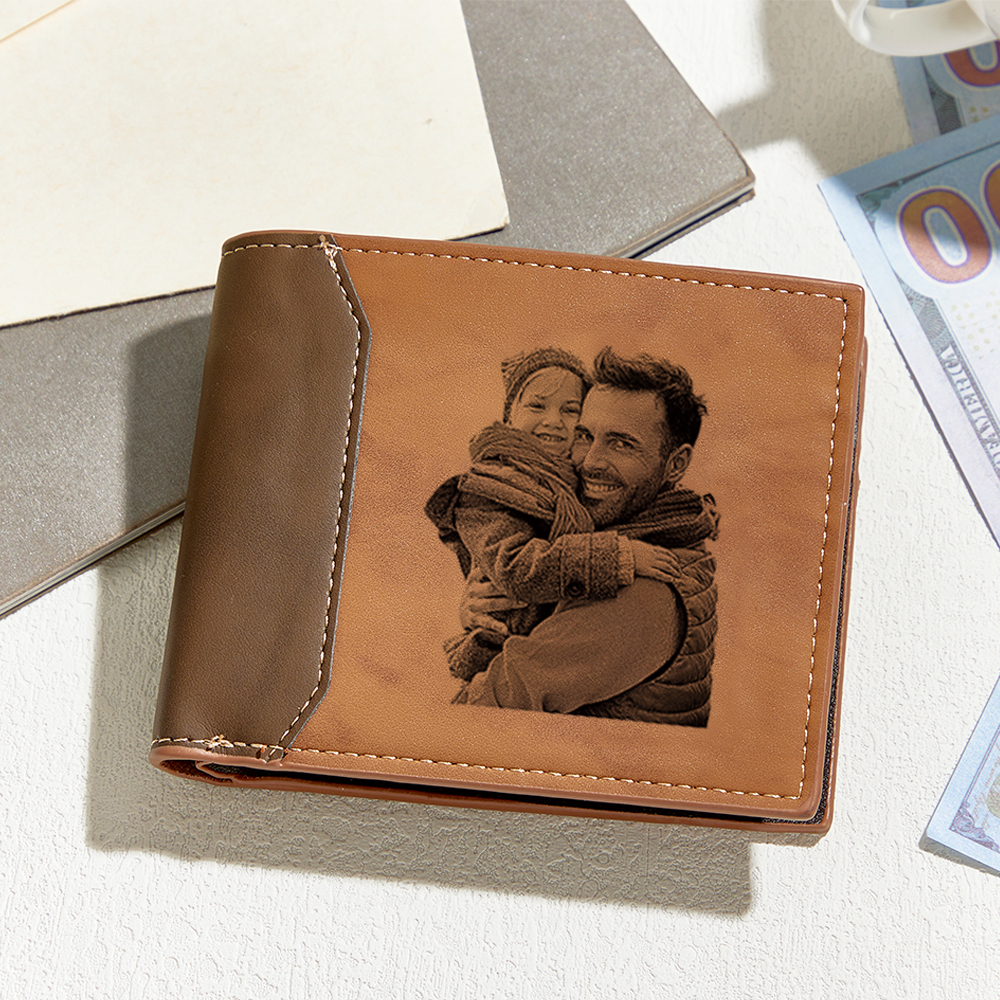 Father's Day Gifts Custom Photo Engraved Name Leather Wallet Personalized Etched Picture Initial Wallet Unique Gift for Him