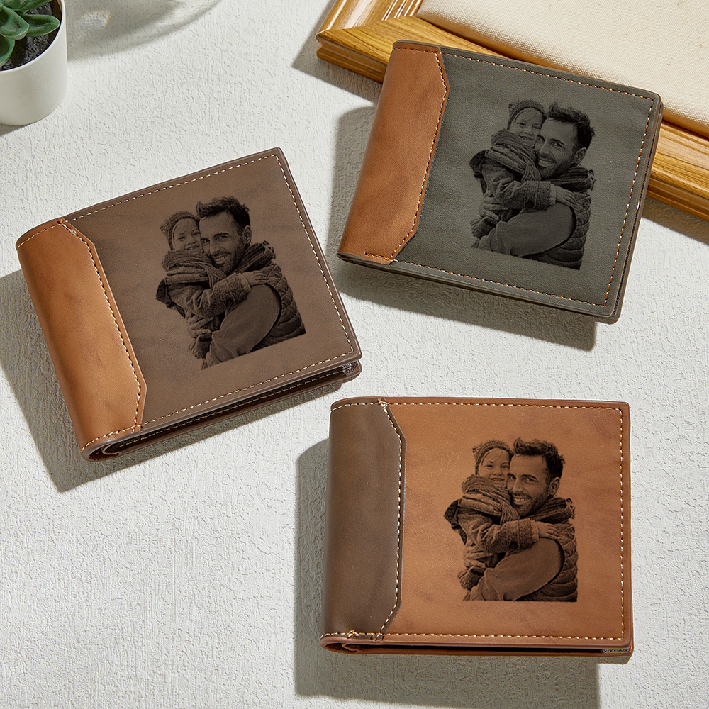 Father's Day Gifts Custom Photo Engraved Name Leather Wallet Personalized Etched Picture Initial Wallet Unique Gift for Him