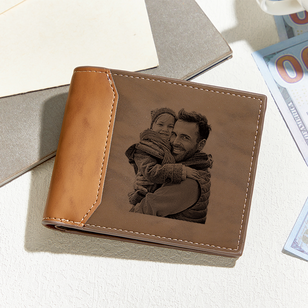 Father's Day Gifts Custom Photo Engraved Name Leather Wallet Personalized Etched Picture Initial Wallet Unique Gift for Him