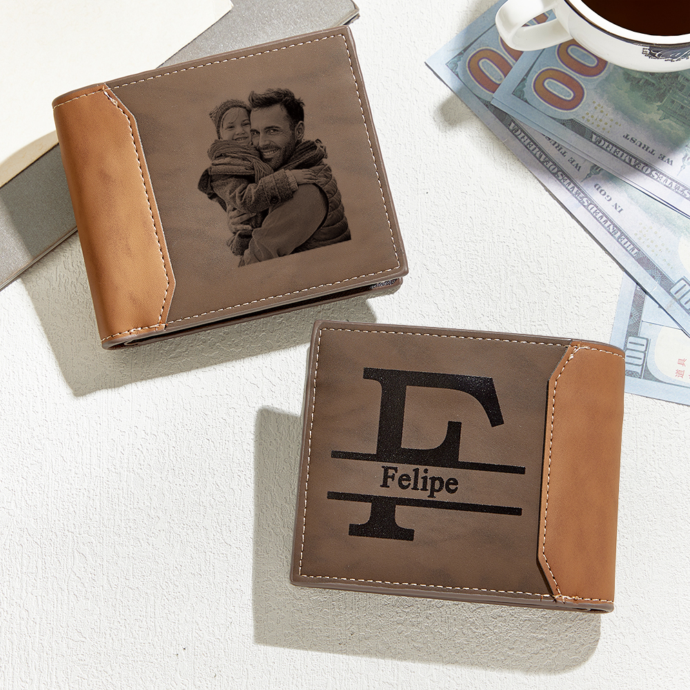 Father's Day Gifts Custom Photo Engraved Name Leather Wallet Personalized Etched Picture Initial Wallet Unique Gift for Him