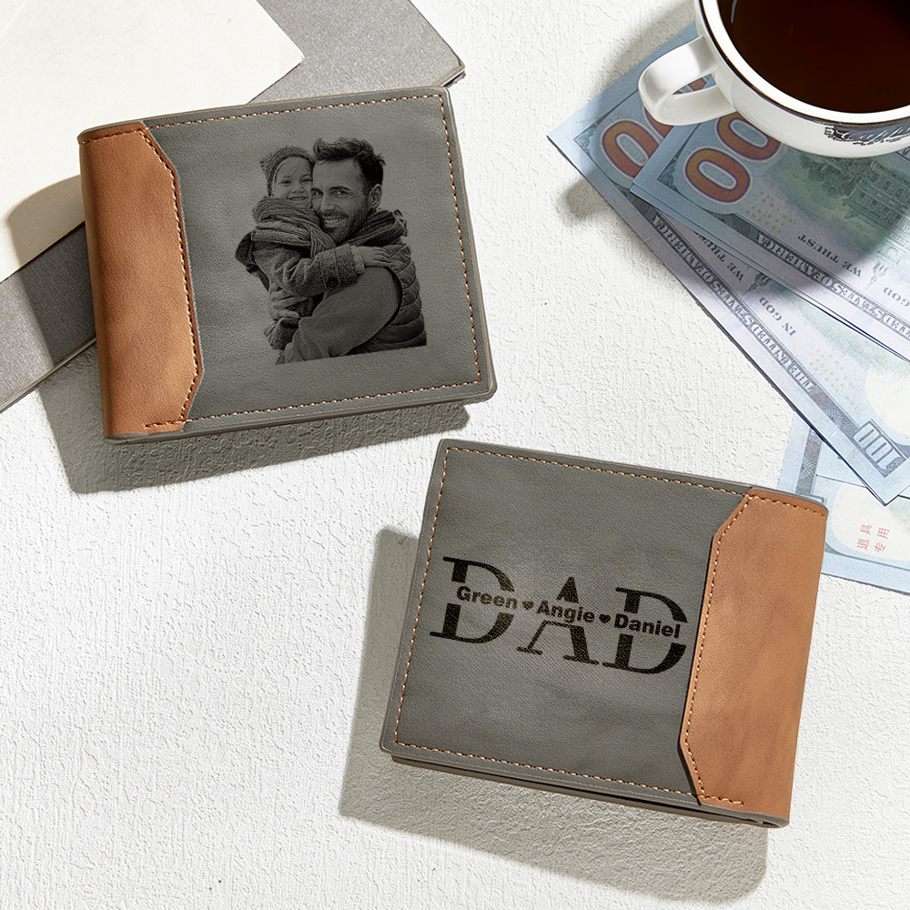 Father's Day Gift Personalized Photo & Name Leather Wallet Custom Engraved Leather Wallet with Photo & Kids' Names
