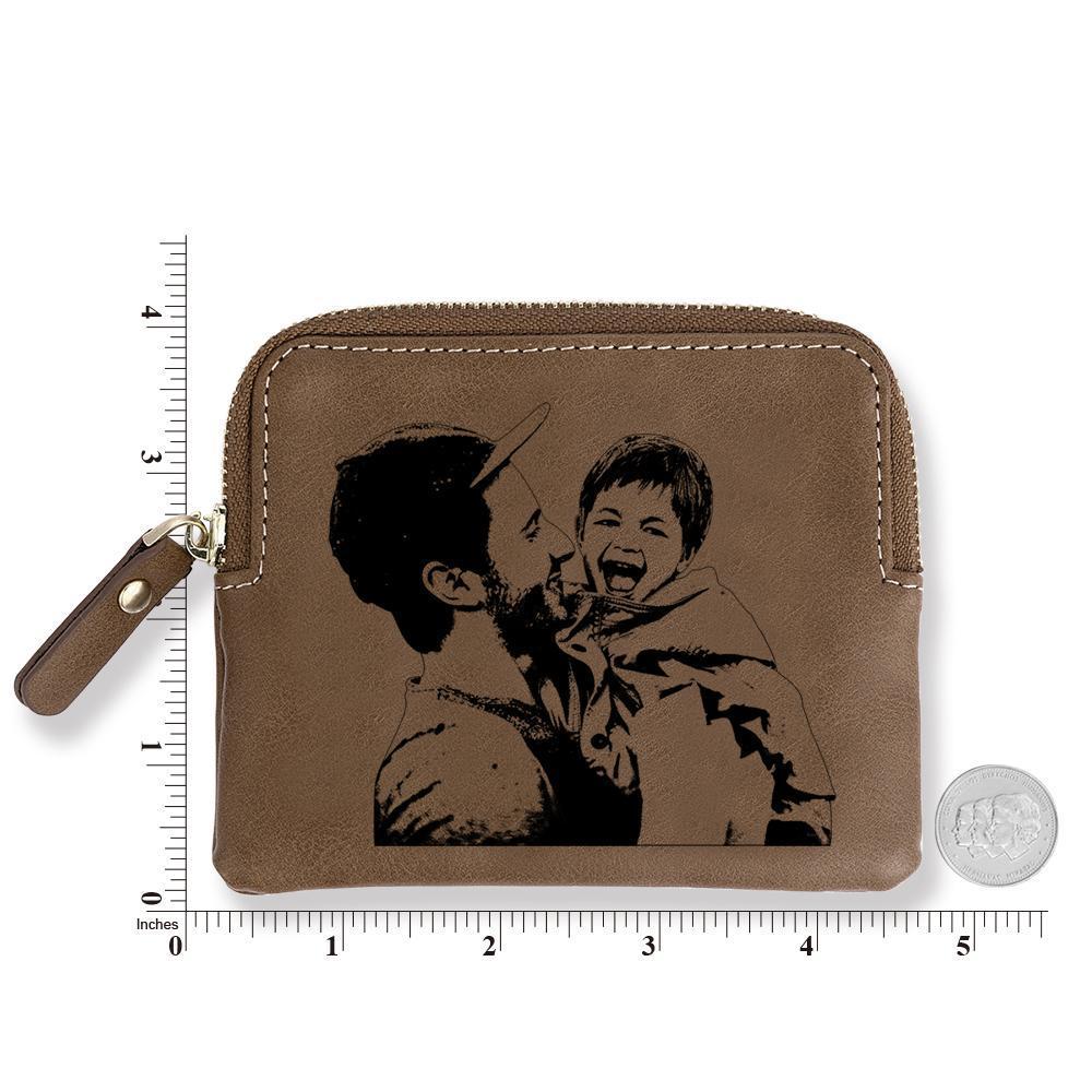 Custom Photo Engraved Zipper Wallet Coin Purse Card Case For Dad - Brown Leather
