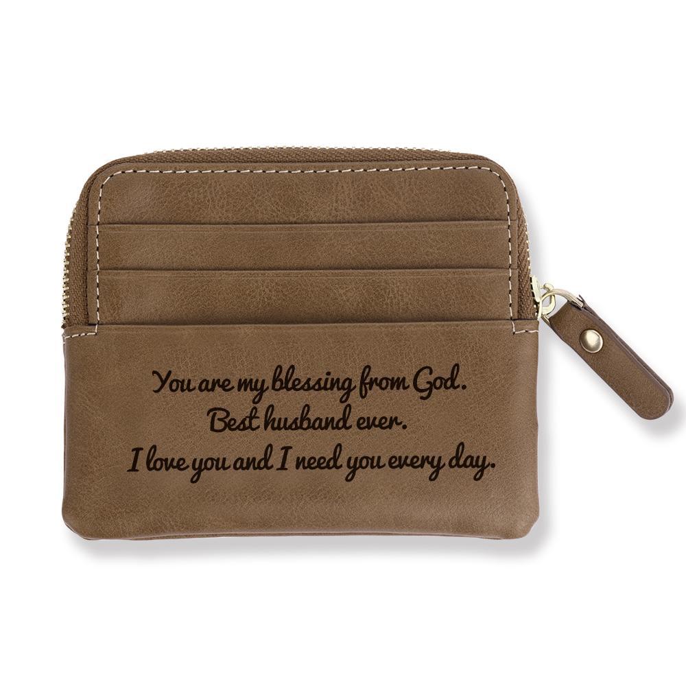 Custom Photo Engraved Zipper Wallet Coin Purse Card Case Brown Leather