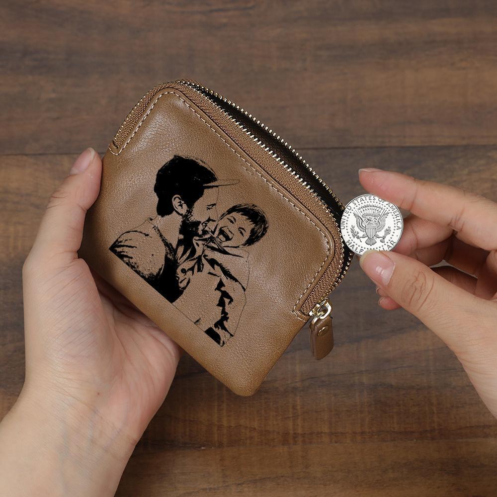 Custom Photo Engraved Zipper Wallet Coin Purse Card Case For Dad - Brown Leather