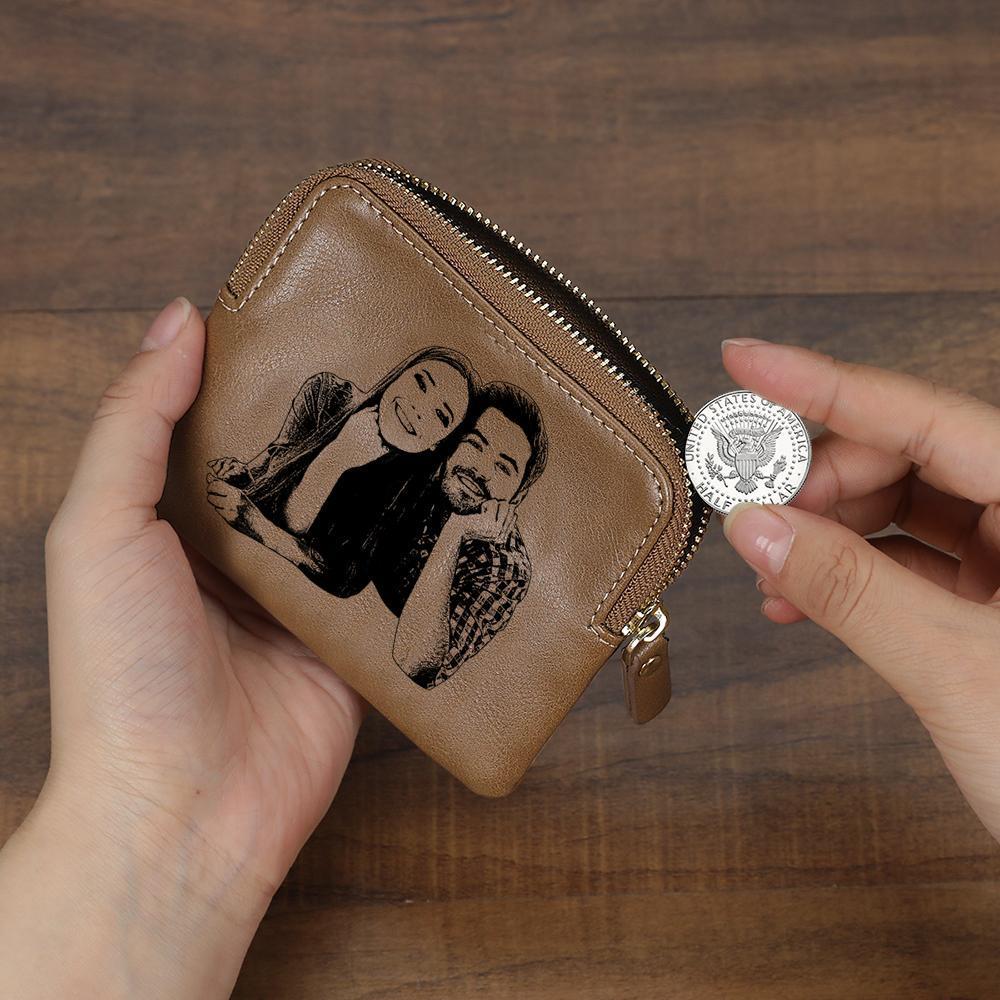 Custom Photo Engraved Zipper Wallet Coin Purse Card Case Brown Leather