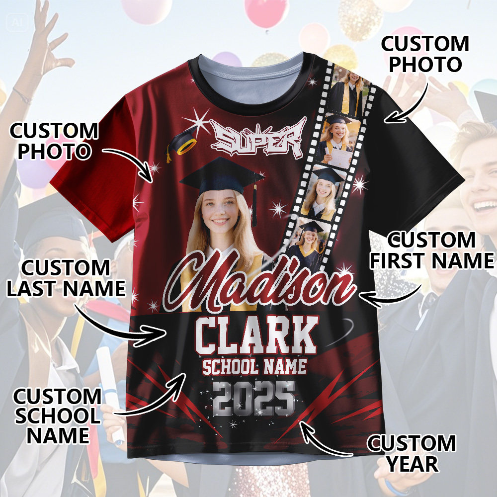 Custom Graduation T-Shirts Personalized All Over Print Shirt with Photo Graduation Party Gift